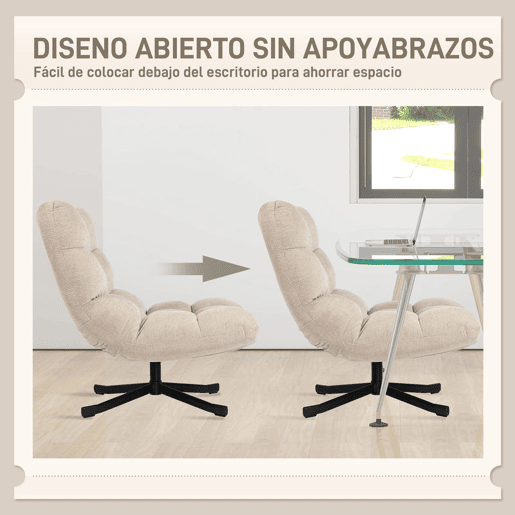 HOMCOM Cadeira Giratória Moderna, Poltrona de Sala com Encosto Rebatível, Base Cruzada, Estofada em Chenille Impermeável, Assento Extra Largo e Pés de Aço, para Sala de Estar ou Quarto, Creme