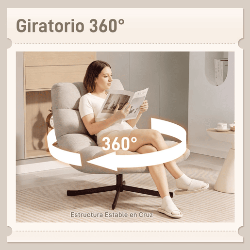 HOMCOM Cadeira Giratória Moderna, Poltrona de Sala com Encosto Rebatível, Base Cruzada, Estofada em Chenille Impermeável, Assento Extra Largo e Pés de Aço, para Sala de Estar ou Quarto, Creme