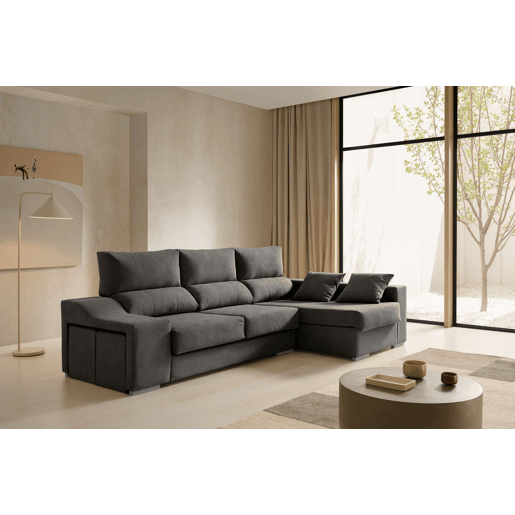 Sofá Amatista 225 Marengo com chaise longue à direita, pufes e espaço de armazenamento.