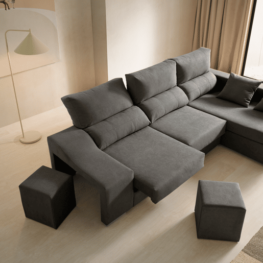 Sofá Amatista 225 Marengo com chaise longue à direita, pufes e espaço de armazenamento.