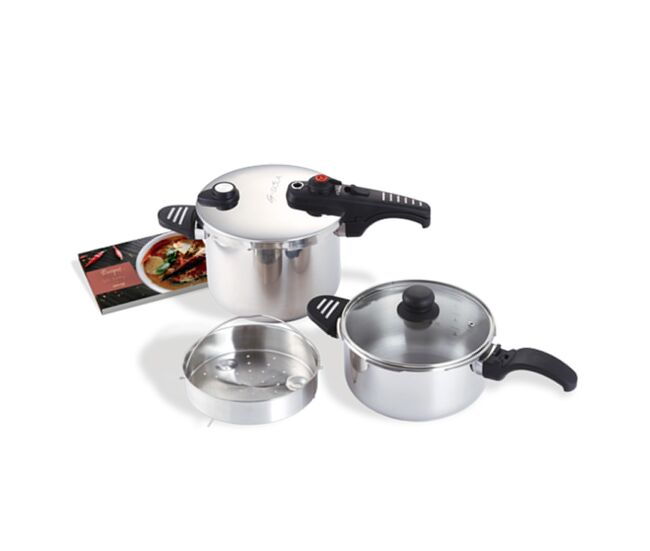 G-sola set de ollas a presión 4 l y 6 l – acero inoxidable 18/10, triple seguridad, cocción rápida y súper rápida, aptas todo tipo de cocinas, incluye tapa, cestillo y recetario david de jorge