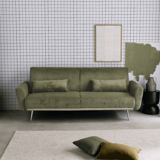 Sofá-cama em madeira de eucalipto, metal e veludo cotelê de 2-3 lugares, Oskar veludo cotelê, Verde caqui, 206.5x84x85 cm