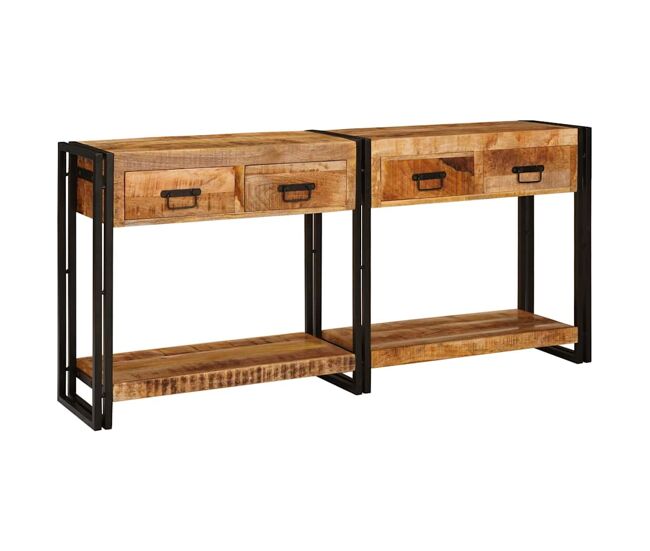 Mesas consola con cajón 2 piezas marrón madera de mango sólida