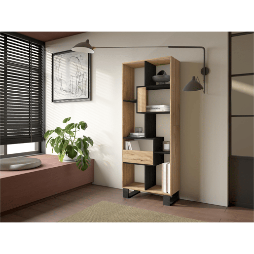 Estante, prateleira , 67x31x174cm, Design industrial, Carvalho e preto