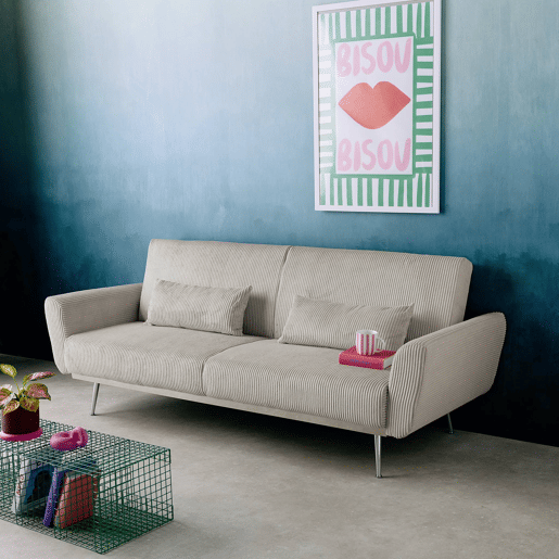 Sofá-cama em madeira de eucalipto, metal e veludo cotelê de 2-3 lugares, Oskar veludo cotelê, Cinza Claro, 206.5x84x85 cm