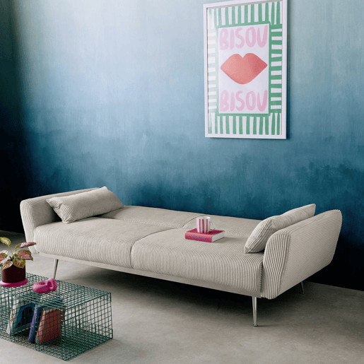 Sofá-cama em madeira de eucalipto, metal e veludo cotelê de 2-3 lugares, Oskar veludo cotelê, Cinza Claro, 206.5x84x85 cm