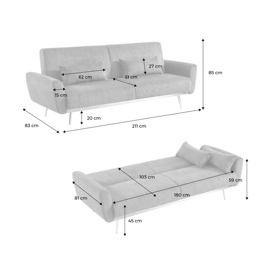 Sofá-cama em madeira de eucalipto, metal e veludo cotelê de 2-3 lugares, Oskar veludo cotelê, Cinza Claro, 206.5x84x85 cm