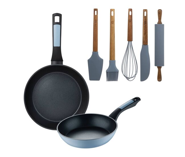 Juego 2 sartenes ø20ø26cm aluminio prensado con 5 utensilios de silicona noia san ignacio