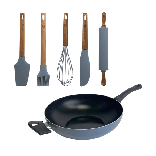 Wok Ø30cm em alumínio prensado com 5 utensílios de silicone NOIA San Ignacio