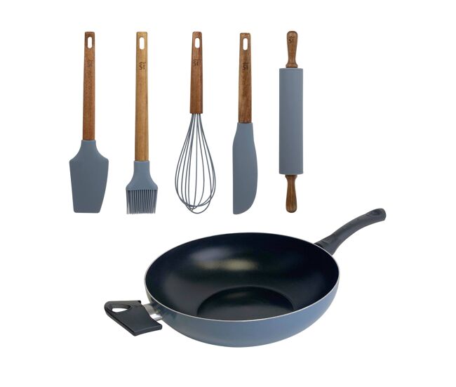 Wok ø30cm en aluminio prensado con 5 utensilios de silicona noia san ignacio