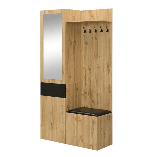 Conjunto de guarda-roupa com 5 ganchos - Espelho, sapateira, armário embutido, prateleiras, gavetas, banco para corredor - Preto + Natural