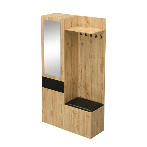 Conjunto de guarda-roupa com 5 ganchos - Espelho, sapateira, armário embutido, prateleiras, gavetas, banco para corredor - Preto + Natural