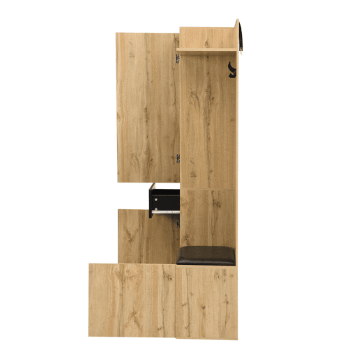 Conjunto de guarda-roupa com 5 ganchos - Espelho, sapateira, armário embutido, prateleiras, gavetas, banco para corredor - Preto + Natural