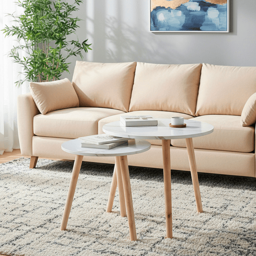 Max Home Conjunto de 2 mesas de apoio redondas com efeito mármore D39x39 cm e D48x45 cm