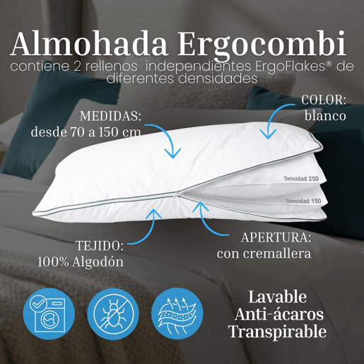 Travesseiro Ergocombi de 70 cm em algodão, firmeza ajustável, 2 camadas de enchimento Ergoflakes, zíper em 3 lados, branco