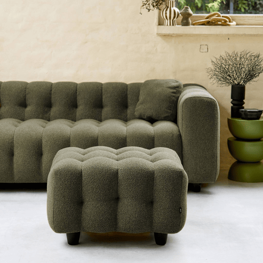 Pufe, descanso para os pés para sofá boucle texturada de 3 lugares, Leon boucle, Verde caqui, 78x70x48 cm