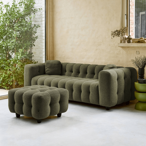 Pufe, descanso para os pés para sofá boucle texturada de 3 lugares, Leon boucle, Verde caqui, 78x70x48 cm