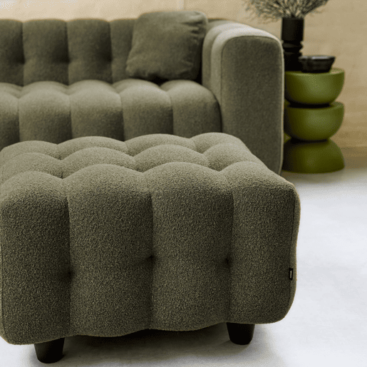 Pufe, descanso para os pés para sofá boucle texturada de 3 lugares, Leon boucle, Verde caqui, 78x70x48 cm