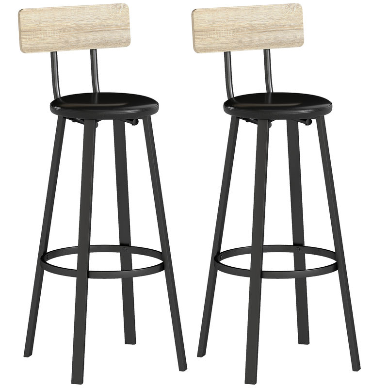 Homcom juego de 2 taburetes de bar, taburetes altos de cocina con respaldo y reposapiés, tapizados de pu, asiento de 75,5 cm de altura, fácil montaje, estilo industrial, natural y negro