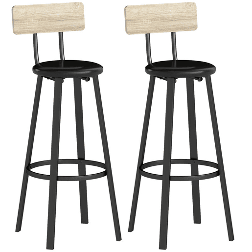 HOMCOM Conjunto de 2 Bancos de Bar Bancos Altos de Cozinha com Encosto e Apoio para Pés Estofados em PU Assento com 75,5 cm de Altura Fácil Montagem Estilo Industrial 41,5x36,5x99,5 cm Madeira e Preto