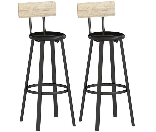 Homcom juego de 2 taburetes de bar, taburetes altos de cocina con respaldo y reposapiés, tapizados de pu, asiento de 75,5 cm de altura, fácil montaje, estilo industrial, natural y negro
