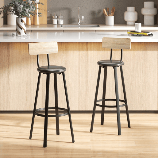 HOMCOM Conjunto de 2 Bancos de Bar Bancos Altos de Cozinha com Encosto e Apoio para Pés Estofados em PU Assento com 75,5 cm de Altura Fácil Montagem Estilo Industrial 41,5x36,5x99,5 cm Madeira e Preto