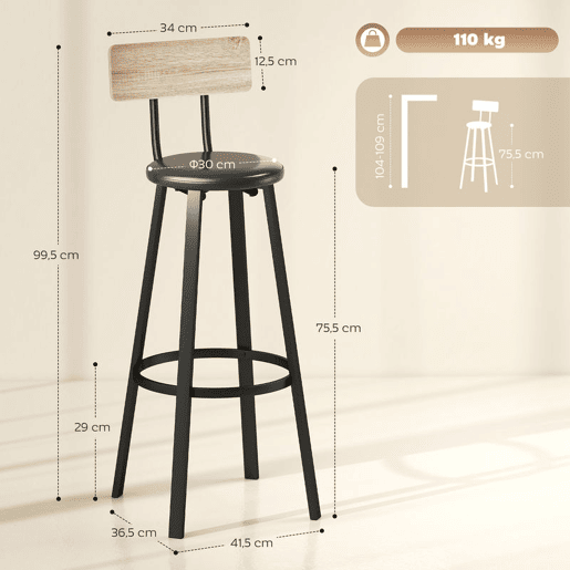 HOMCOM Conjunto de 2 Bancos de Bar Bancos Altos de Cozinha com Encosto e Apoio para Pés Estofados em PU Assento com 75,5 cm de Altura Fácil Montagem Estilo Industrial 41,5x36,5x99,5 cm Madeira e Preto