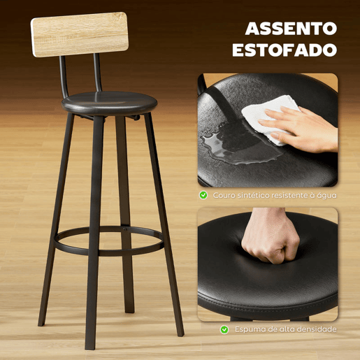HOMCOM Conjunto de 2 Bancos de Bar Bancos Altos de Cozinha com Encosto e Apoio para Pés Estofados em PU Assento com 75,5 cm de Altura Fácil Montagem Estilo Industrial 41,5x36,5x99,5 cm Madeira e Preto