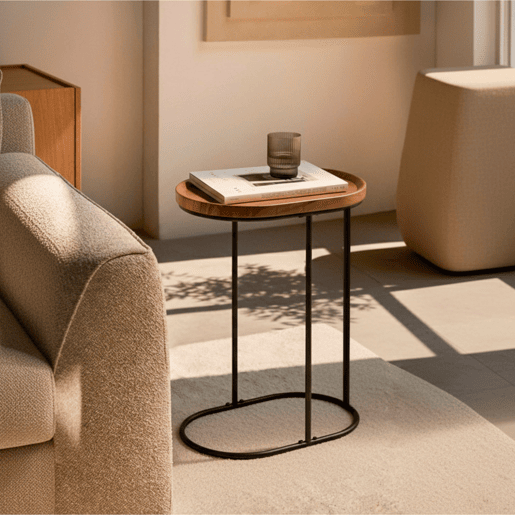 Max Home Mesa Lateral Oval Metal e Madeira 45x30x60 cm