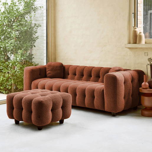 Pufe, descanso para os pés para sofá boucle texturada de 3 lugares, Leon boucle, Terracota, 78x70x48 cm