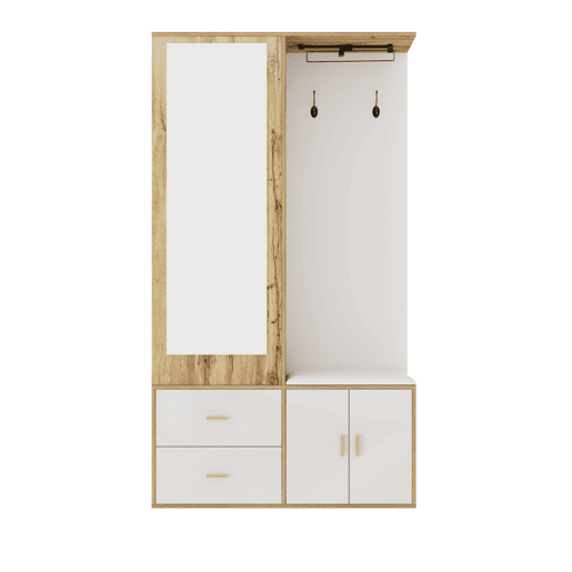 Conjunto de armário - 100x38x180 cm - com espelho, sapateira, banco com ganchos e barra extensível - Branco+Natural