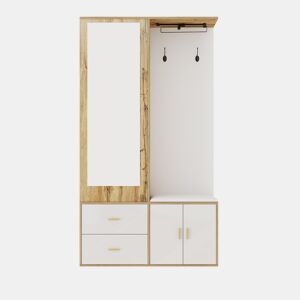 Conjunto de armário - 100x38x180 cm - com espelho, sapateira, banco com ganchos e barra extensível - Branco+Natural