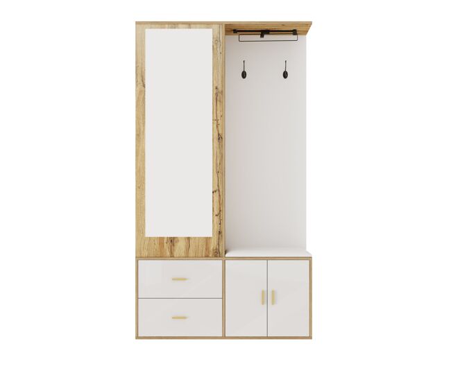 Juego de armario - 100x38x180 cm - con espejo, zapatero, banco con ganchos y barra extensible - blanco+natural