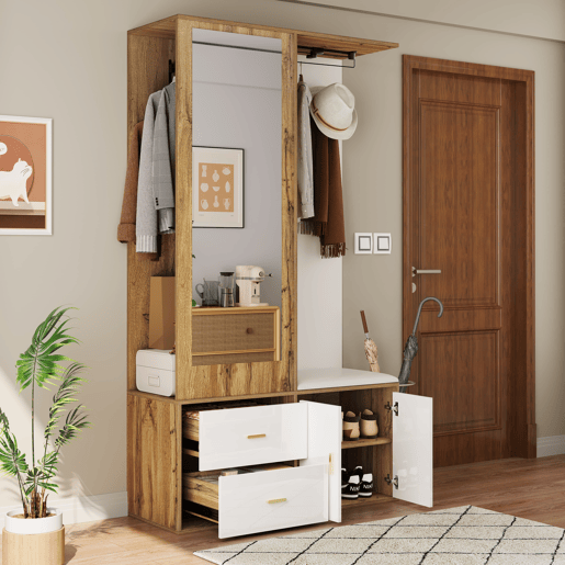Conjunto de armário - 100x38x180 cm - com espelho, sapateira, banco com ganchos e barra extensível - Branco+Natural