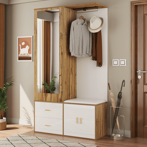 Conjunto de armário - 100x38x180 cm - com espelho, sapateira, banco com ganchos e barra extensível - Branco+Natural