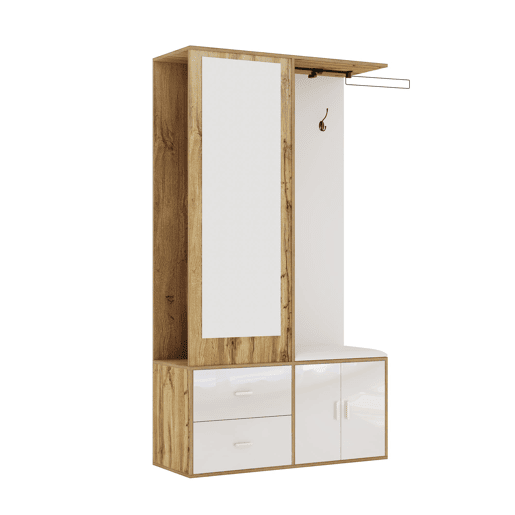 Conjunto de armário - 100x38x180 cm - com espelho, sapateira, banco com ganchos e barra extensível - Branco+Natural