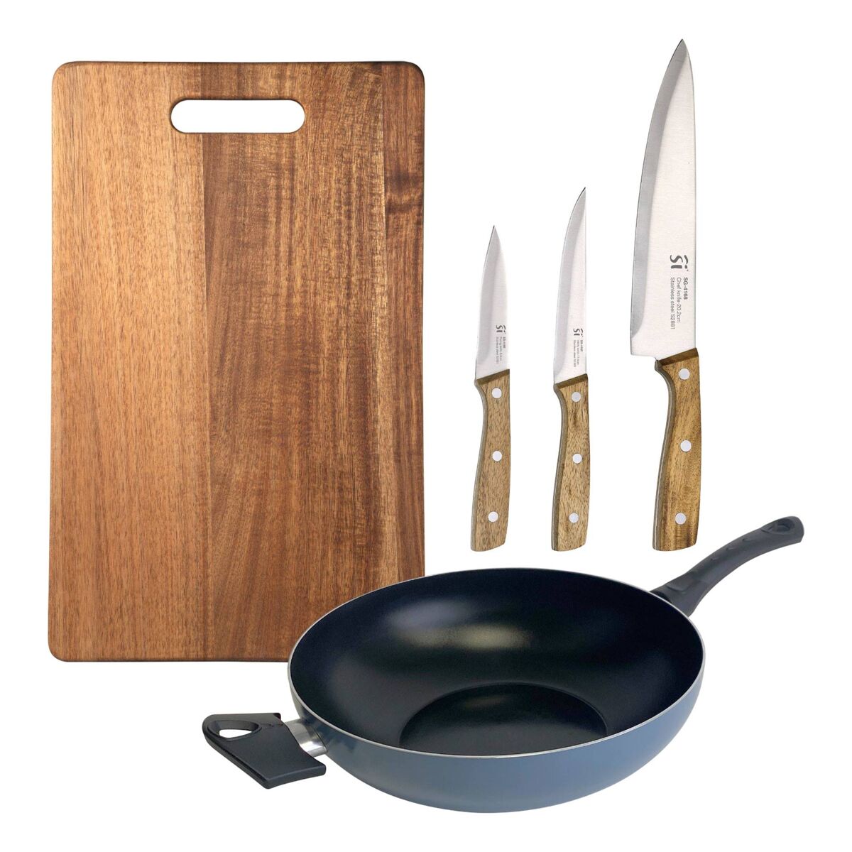 Wok de ø30cm aluminio prensado con 3 cuhillos en acero inoxidable y tabla de corte 40x25cm noia san ignacio