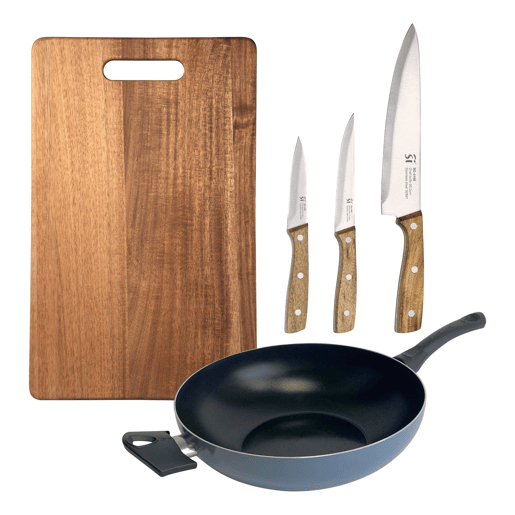 Wok de alumínio prensado com 30 cm de diâmetro, 3 facas de aço inoxidável e tábua de corte de 40 x 25 cm. NOIA San Ignacio