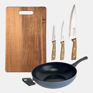 Wok de alumínio prensado com 30 cm de diâmetro, 3 facas de aço inoxidável e tábua de corte de 40 x 25 cm. NOIA San Ignacio