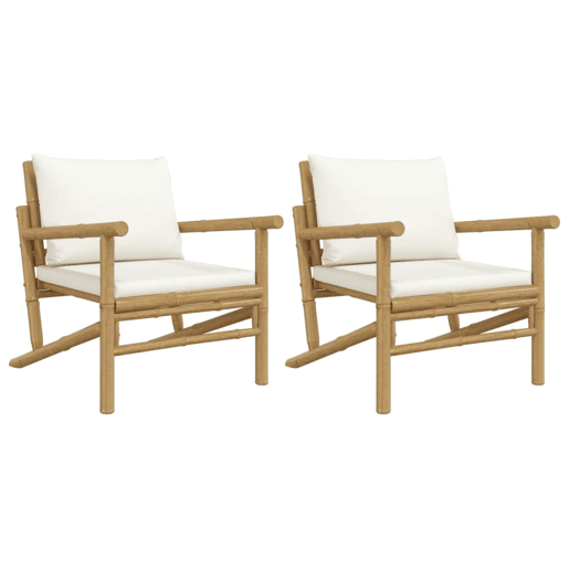 Lote de 2 Cadeiras de jardim - Cadeiras de exterior bambu com almofadões branco nata Lote de 2 Cadeiras de jardim - Cadeiras de exterior bambu com almofadões branco nata