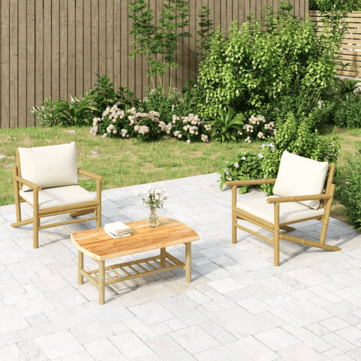 Lote de 2 Cadeiras de jardim - Cadeiras de exterior bambu com almofadões branco nata Lote de 2 Cadeiras de jardim - Cadeiras de exterior bambu com almofadões branco nata
