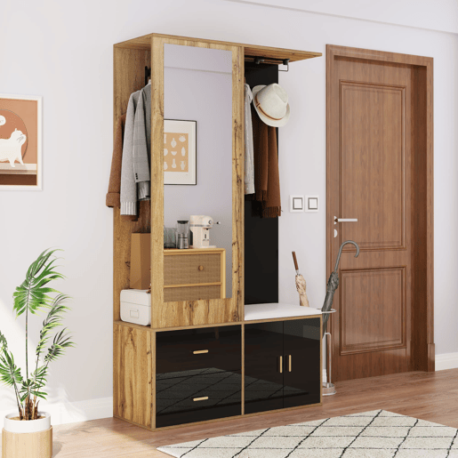 Conjunto de armário - 5 ganchos - espelho, sapateira, banco e cabides extensíveis - Preto + Natural