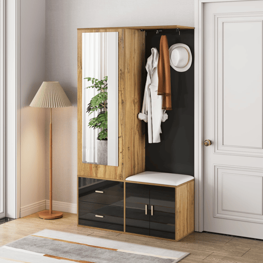 Conjunto de armário - 5 ganchos - espelho, sapateira, banco e cabides extensíveis - Preto + Natural
