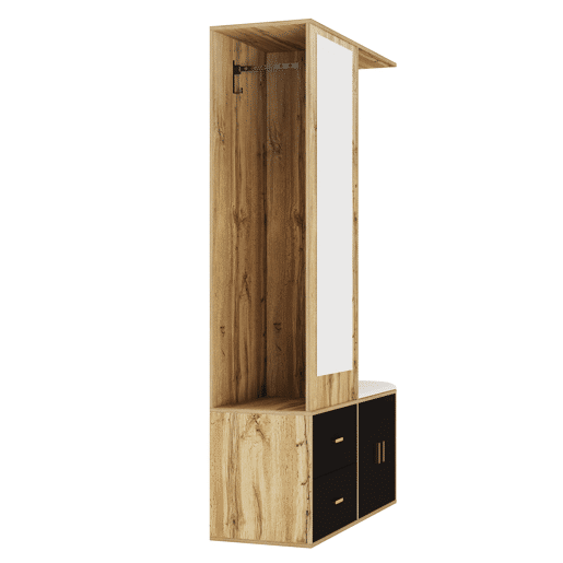 Conjunto de armário - 5 ganchos - espelho, sapateira, banco e cabides extensíveis - Preto + Natural
