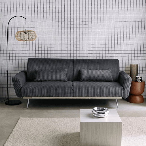 Sofá-cama em madeira de eucalipto, metal e veludo cotelê de 2-3 lugares, Oskar veludo cotelê, Cinza escuro, 206.5x84x85 cm