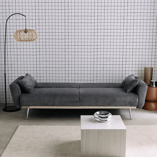 Sofá-cama em madeira de eucalipto, metal e veludo cotelê de 2-3 lugares, Oskar veludo cotelê, Cinza escuro, 206.5x84x85 cm