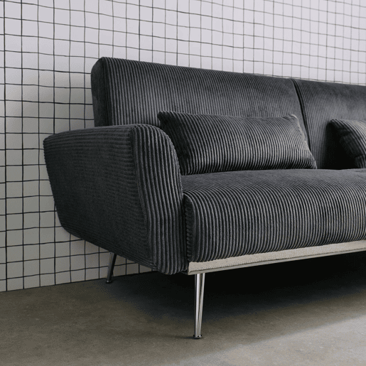 Sofá-cama em madeira de eucalipto, metal e veludo cotelê de 2-3 lugares, Oskar veludo cotelê, Cinza escuro, 206.5x84x85 cm