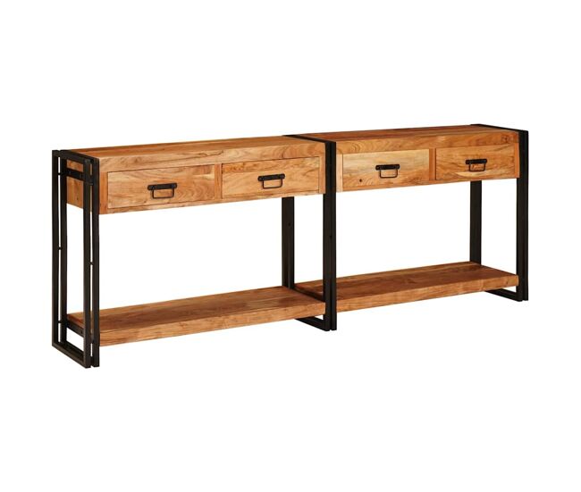 Mesas consola con cajón 2 piezas marrón madera maciza de acacia