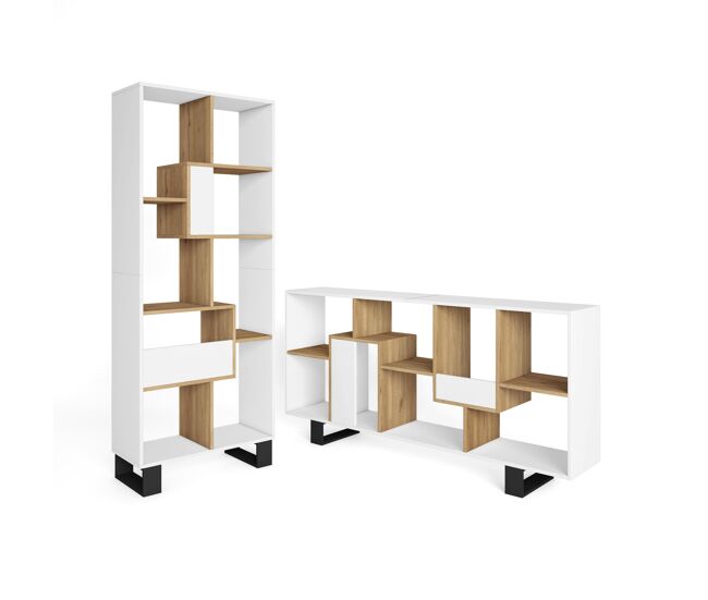 Librería estantería, estanteria libros de pared, 67x31x174cm, diseño industrial, estilo moderno, blanco y roble