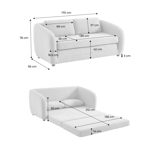 Sofá-cama conversível tecido chenille, 2 lugares, Twist, Cinza Claro, 170x95x76 cm